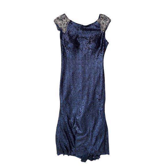 Pronovias navy sequins beaded silver shoulders gown size 16 - Picture 2 of 8